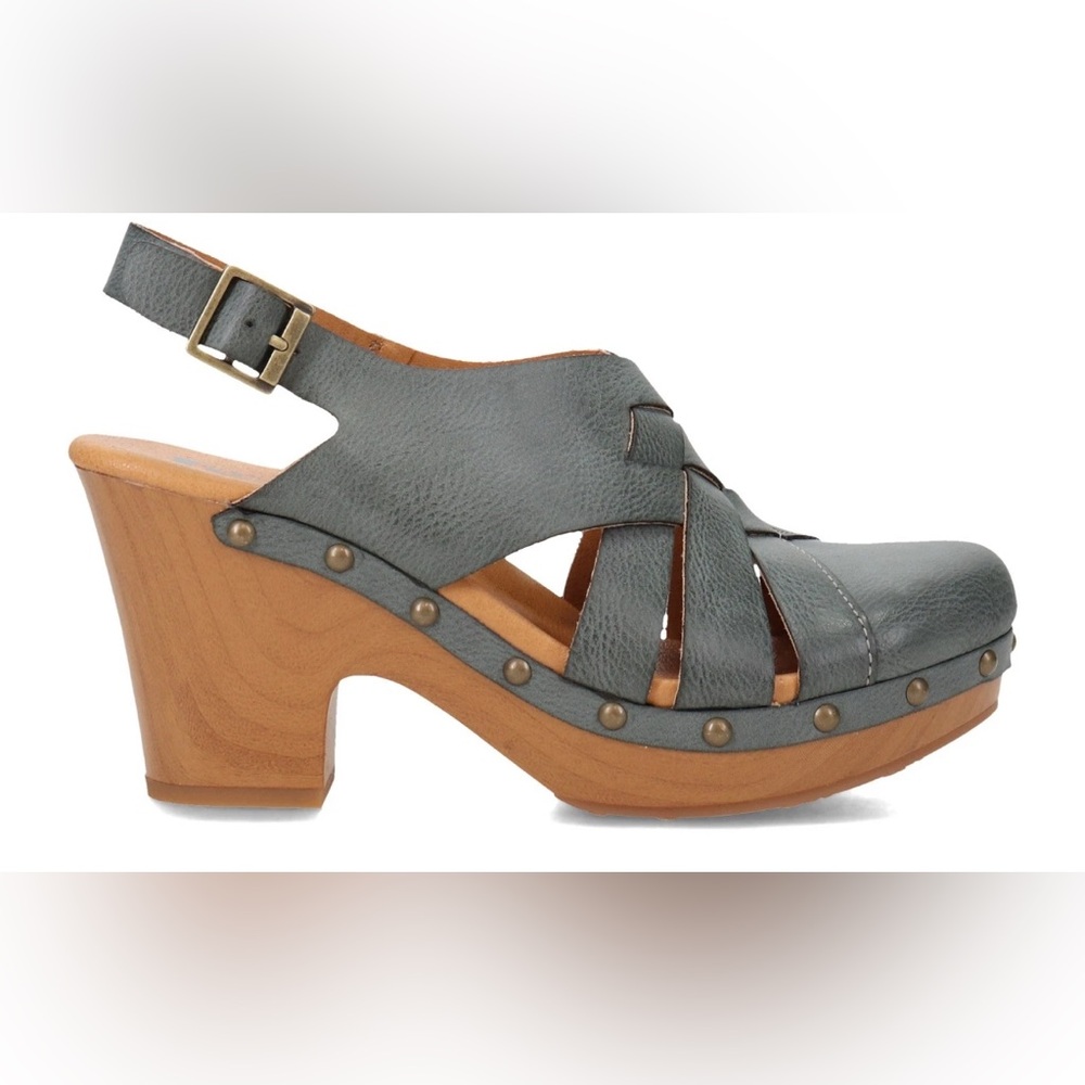 Kork-Ease gray leather slingback clogs with wooden heel